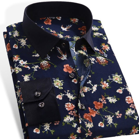 Floral Print Men Shirts | Slim Men Flower Printing Dress | Long Sleeve Mens Casual Shirt