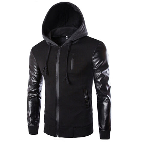 High Quality New Men Hooded Leather Sleeve Jacket