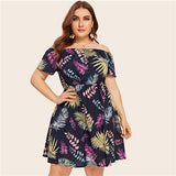 Off Shoulder Jungle Leaf Print Boho Dress