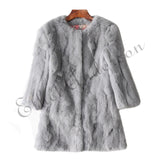 Women's O-Neck Long Rabbit Fur Jacket Outwear