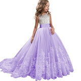 Trailing Wedding Lace Girls Dress | Bridesmaid Kids Dresses | Long Princess Dress
