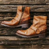 Wedge Leather Denim Banquet Harness Boots