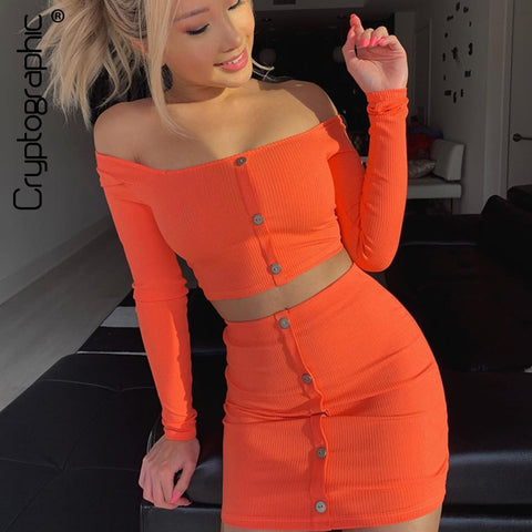 Long Sleeve Crop Tops Sexy Two Pieces Set Casual Bodycon Skirts