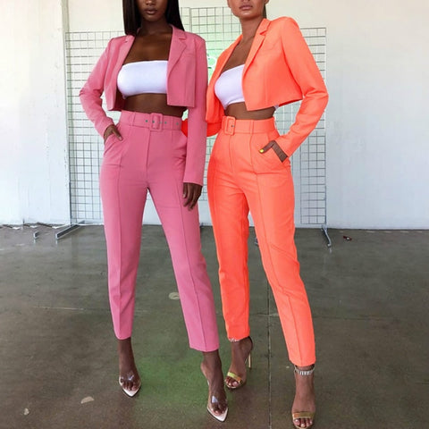 Neon Fashion Suit Autumn New Women Set Chic Streetwear with Belt Short Blazer Coat High Waist Pants Women Two Piece Outfits