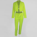 Neon Fashion Suit Autumn New Women Set Chic Streetwear with Belt Short Blazer Coat High Waist Pants Women Two Piece Outfits
