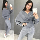 Two Piece Set| Tracksuit For Women| V-Neck Cross Sweatshirt| Knit Pants |Women dresses|