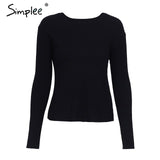Simplee Backless bow knitted sweater women O neck casual pullover female 2017 autumn knitting jumper winter sweater pull femme