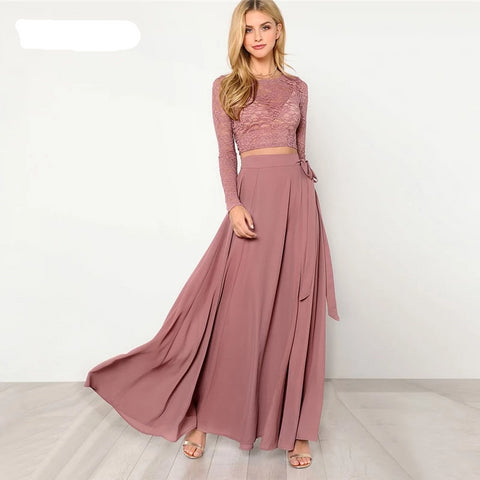 Round Neck Long Sleeve Belt Elegant | Pink Crop Lace Top Knot Skirt Set