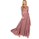 Round Neck Long Sleeve Belt Elegant | Pink Crop Lace Top Knot Skirt Set