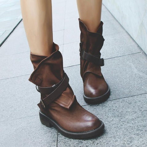 Women Fashion Vintage Mid Calf Boots Soft Leather Shoes
