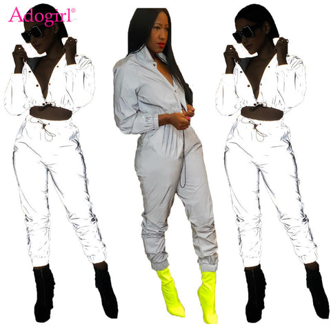 Women Sexy Reflective Turn Down Collar Long Sleeve Tracksuit