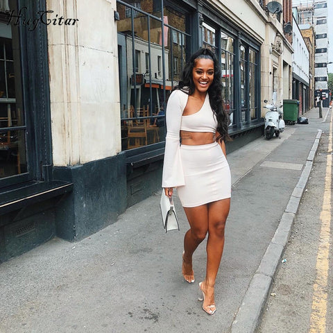 One-shoulder Long Flare Sleeve Crop Tops