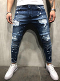 Men's Painted Skinny Slim Fit Straight Denim Pants Stretch Jeans