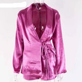 Fantoye Satin Sexy Women Two Piece Set Top And Shorts | Deep V Neck Autumn Long Sleeve Elegant