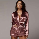 Fantoye Satin Sexy Women Two Piece Set Top And Shorts | Deep V Neck Autumn Long Sleeve Elegant