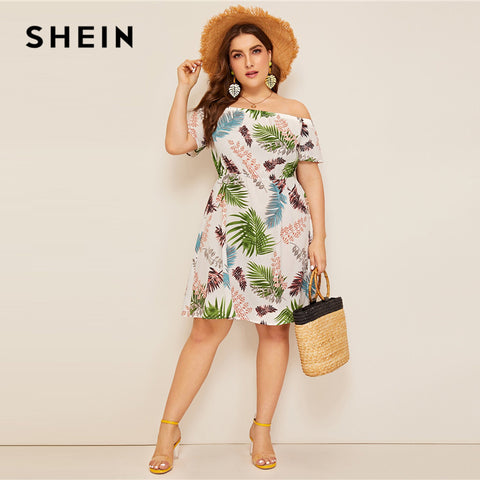 Off Shoulder Jungle Leaf Print Boho Dress