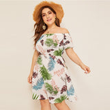 Off Shoulder Jungle Leaf Print Boho Dress