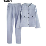 Women Single-breasted Collarless Jacket + Pants Tracksuit