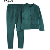 Women Single-breasted Collarless Jacket + Pants Tracksuit