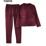 Women Single-breasted Collarless Jacket + Pants Tracksuit