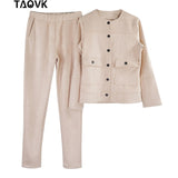 Women Single-breasted Collarless Jacket + Pants Tracksuit