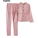 Women Single-breasted Collarless Jacket + Pants Tracksuit