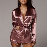 Fantoye Satin Sexy Women Two Piece Set Top And Shorts | Deep V Neck Autumn Long Sleeve Elegant