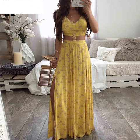 Floral Print Cami Top & Thigh Slit Skirt Sets | Women Two Piece Set Outfits | Floor Length Skirt