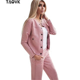 Women Single-breasted Collarless Jacket + Pants Tracksuit