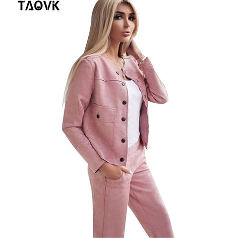 Women Single-breasted Collarless Jacket + Pants Tracksuit